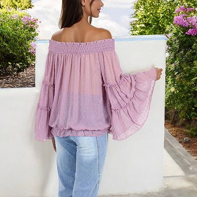 Women's Off-Shoulder Bell Sleeve Top with Textured Dobby Pattern and Smocked Neckline