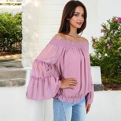 Women's Off-Shoulder Bell Sleeve Top with Textured Dobby Pattern and Smocked Neckline