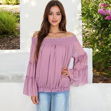 Women's Off-Shoulder Bell Sleeve Top with Textured Dobby Pattern and Smocked Neckline