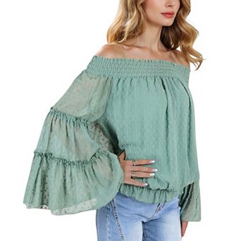 Women's Off-Shoulder Bell Sleeve Top with Textured Dobby Pattern and Smocked Neckline