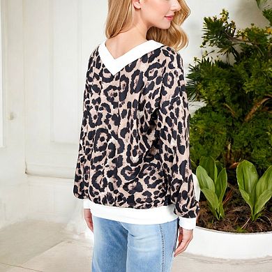 Women's Leopard Print V-Neck Long Sleeve Pullover with Contrast Trim