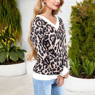 Women's Leopard Print V-Neck Long Sleeve Pullover with Contrast Trim