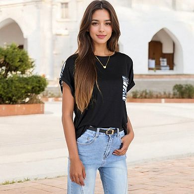 Women's Short Sleeve Top with Rolled Cuffs and Zebra Print Front Pocket Detail