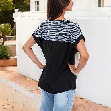 Women's Short Sleeve Top with Rolled Cuffs and Zebra Print Front Pocket Detail
