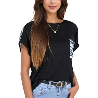Women's Short Sleeve Top with Rolled Cuffs and Zebra Print Front Pocket Detail