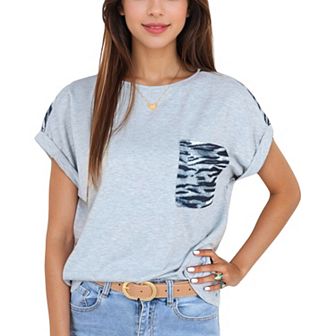 Women's Short Sleeve Top with Rolled Cuffs and Zebra Print Front Pocket Detail
