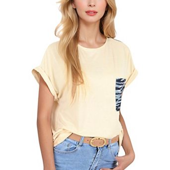 Women's Short Sleeve Top with Rolled Cuffs and Zebra Print Front Pocket Detail