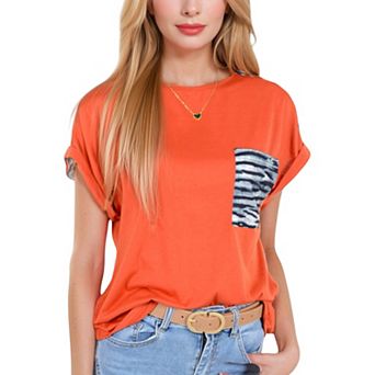 Women's Short Sleeve Top with Rolled Cuffs and Zebra Print Front Pocket Detail