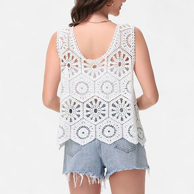 Women's Crochet Sleeveless Tank Top with Floral Open Knit Pattern and Scalloped Hem Detail