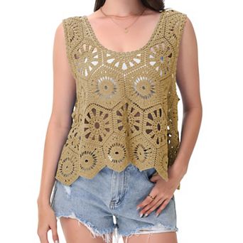 Women's Crochet Sleeveless Tank Top with Floral Open Knit Pattern and Scalloped Hem Detail