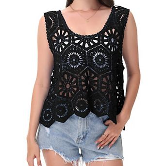 Women's Crochet Sleeveless Tank Top with Floral Open Knit Pattern and Scalloped Hem Detail