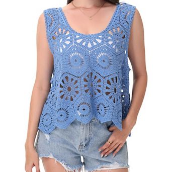 Women's Crochet Sleeveless Tank Top with Floral Open Knit Pattern and Scalloped Hem Detail