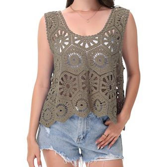 Women's Crochet Sleeveless Tank Top with Floral Open Knit Pattern and Scalloped Hem Detail