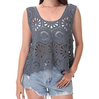 Women's Crochet Sleeveless Tank Top with Floral Open Knit Pattern and Scalloped Hem Detail