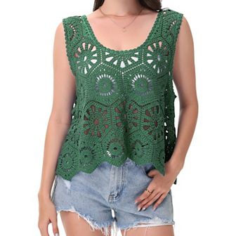 Women's Crochet Sleeveless Tank Top with Floral Open Knit Pattern and Scalloped Hem Detail