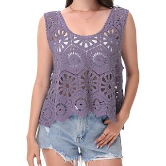 Women's Crochet Sleeveless Tank Top with Floral Open Knit Pattern and Scalloped Hem Detail