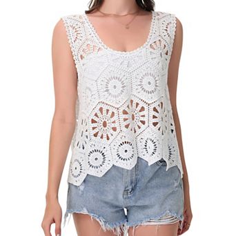 Women's Crochet Sleeveless Tank Top with Floral Open Knit Pattern and Scalloped Hem Detail