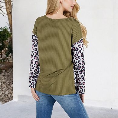 Women's Long Sleeve Ribbed Knit Top with Leopard Print Contrast and V-Cut Design
