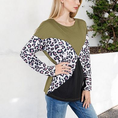 Women's Long Sleeve Ribbed Knit Top with Leopard Print Contrast and V-Cut Design