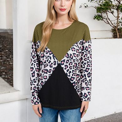 Women's Long Sleeve Ribbed Knit Top with Leopard Print Contrast and V-Cut Design
