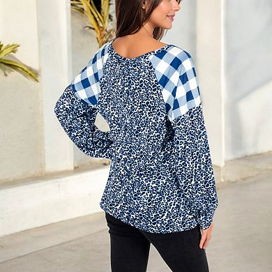 Women's Mixed Print Long Sleeve Raglan Top with Plaid and Leopard Pattern