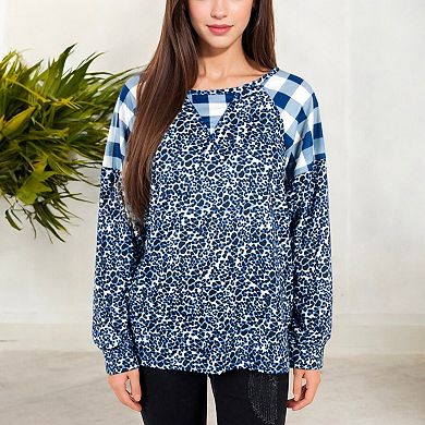Women's Mixed Print Long Sleeve Raglan Top with Plaid and Leopard Pattern