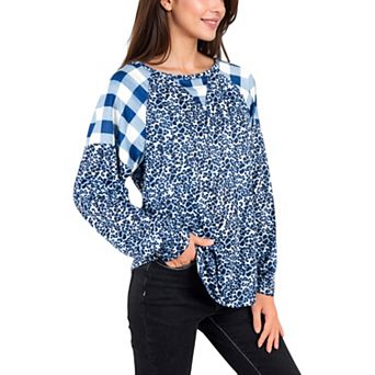Women's Mixed Print Long Sleeve Raglan Top with Plaid and Leopard Pattern
