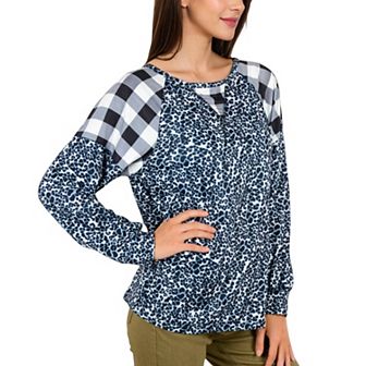 Women's Mixed Print Long Sleeve Raglan Top with Plaid and Leopard Pattern