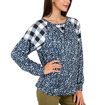 Women's Mixed Print Long Sleeve Raglan Top with Plaid and Leopard Pattern