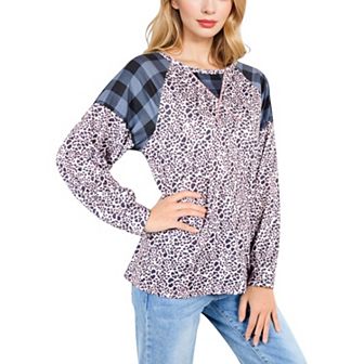 Women's Mixed Print Long Sleeve Raglan Top with Plaid and Leopard Pattern