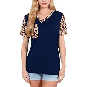 Women's Leopard Print Pocket Tee with Contrast Relaxed Fit for Everyday Comfort