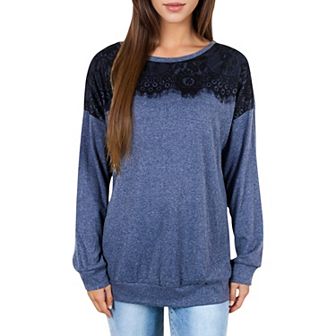 Women's Long Sleeve Top with Lace Yoke Detail and Relaxed Fit