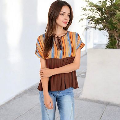 Women's Short Sleeve Boho Peasant Top with Tie Front and Striped Print for Casual Everyday Wear