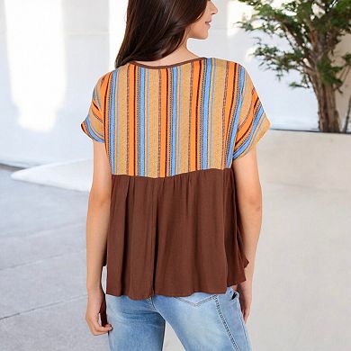 Women's Short Sleeve Boho Peasant Top with Tie Front and Striped Print for Casual Everyday Wear