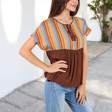 Women's Short Sleeve Boho Peasant Top with Tie Front and Striped Print for Casual Everyday Wear