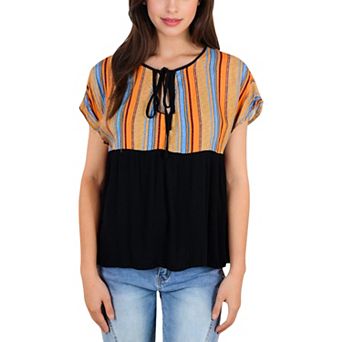 Women's Short Sleeve Boho Peasant Top with Tie Front and Striped Print for Casual Everyday Wear