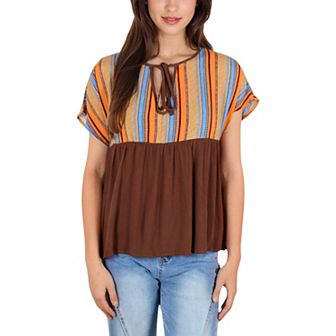 Women's Short Sleeve Boho Peasant Top with Tie Front and Striped Print for Casual Everyday Wear