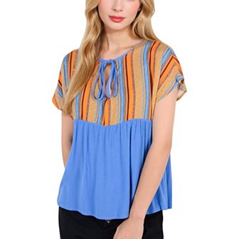 Women's Short Sleeve Boho Peasant Top with Tie Front and Striped Print for Casual Everyday Wear