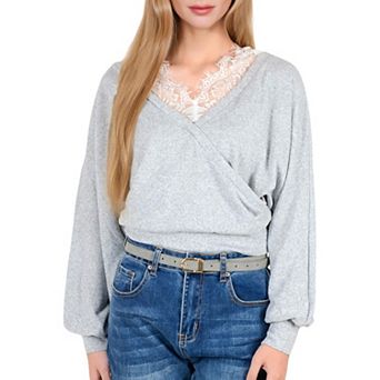 Women's Long Sleeve Cross Wrap Top with Lace Trim Detail