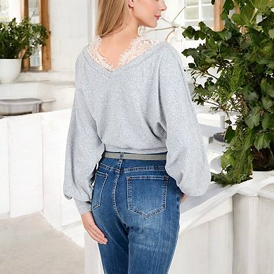 Women's Long Sleeve Cross Wrap Top with Lace Trim Detail