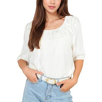 Women's Embroidered Eyelet Detail Scoop Neck Top with 3/4 Sleeves for Effortless Casual Styling