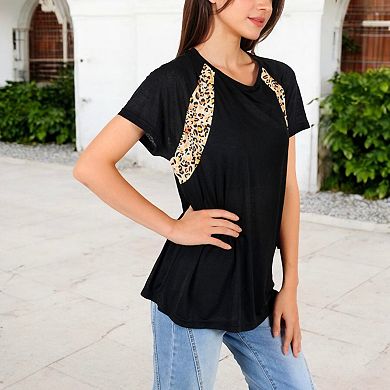 Women's Short Sleeve Casual T-Shirt with Leopard Print Accents and Raglan Sleeves for Everyday Wear