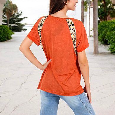 Women's Short Sleeve Casual T-Shirt with Leopard Print Accents and Raglan Sleeves for Everyday Wear