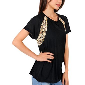 Women's Short Sleeve Casual T-Shirt with Leopard Print Accents and Raglan Sleeves for Everyday Wear