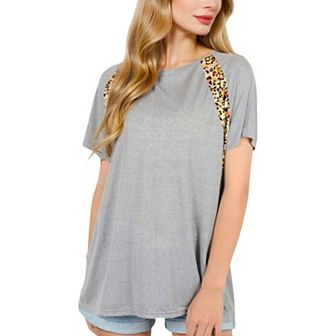 Women's Short Sleeve Casual T-Shirt with Leopard Print Accents and Raglan Sleeves for Everyday Wear
