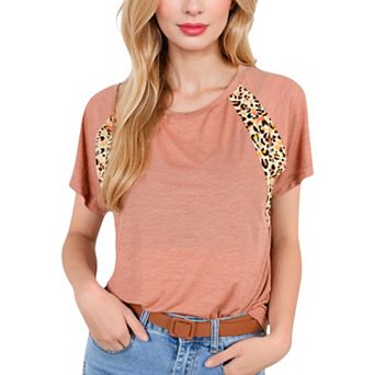 Women's Short Sleeve Casual T-Shirt with Leopard Print Accents and Raglan Sleeves for Everyday Wear