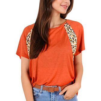 Women's Short Sleeve Casual T-Shirt with Leopard Print Accents and Raglan Sleeves for Everyday Wear