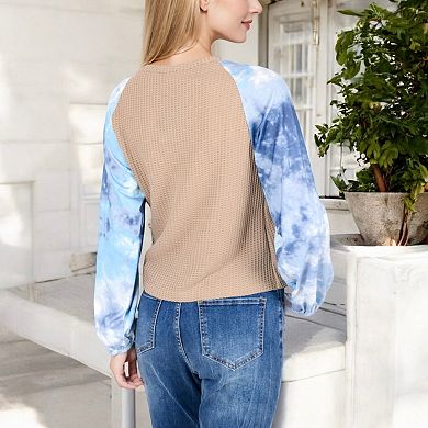 Women's Tie-Dye Sleeve Wrap Top with V-Neck and Waffle Knit Texture