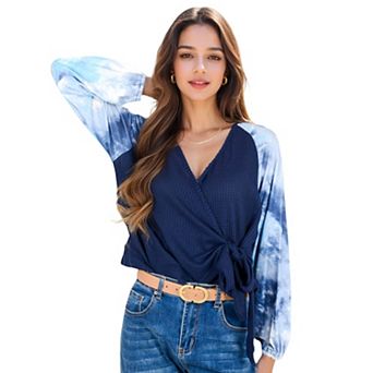 Women's Tie-Dye Sleeve Wrap Top with V-Neck and Waffle Knit Texture
