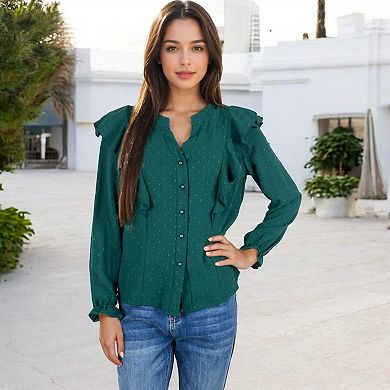 Women's Long Sleeve Ruffled Blouse with Textured Dot Pattern and Button Front